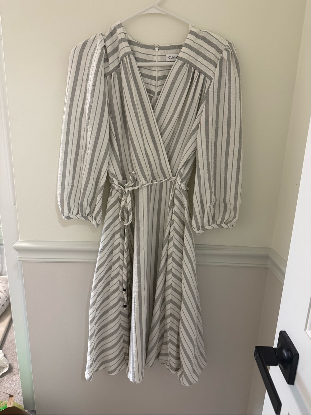 Calvin Klein Gray and White Striped Wrap Midi Dress